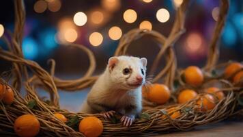 A playful ferret nestled in a decorative nest with oranges, set against a blurred background. photo