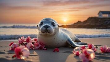 A seal resting on the beach surrounded by flowers at sunset. photo