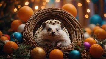 A hedgehog nestled in a decorative nest surrounded by colorful ornaments and festive lights. photo
