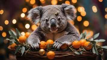 A koala surrounded by oranges in a festive basket with a blurred background of lights. photo