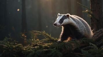 A badger perched on a log in a sunlit forest, showcasing wildlife in a serene environment. photo