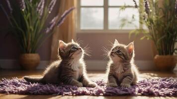 Two playful kittens sitting on a rug, illuminated by soft sunlight in a cozy room. photo