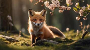 A fox in a forest setting surrounded by blooming flowers and soft sunlight. photo