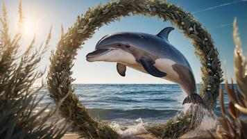 A dolphin leaps through a circular wreath above the ocean, symbolizing freedom and joy. photo