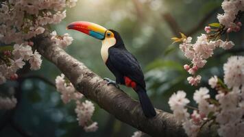 A colorful toucan perched on a branch surrounded by cherry blossoms in a vibrant setting. photo