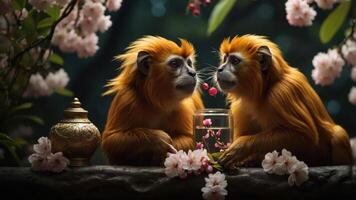 Two golden monkeys share a moment near a glass vase with flowers, surrounded by nature. photo