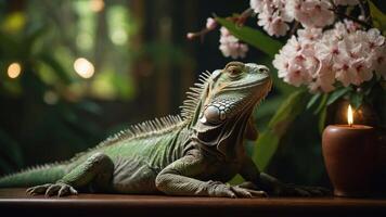 A green iguana rests near pink flowers and a candle, creating a serene atmosphere. photo