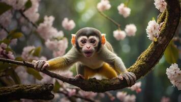 A playful monkey perched on a branch amidst blooming flowers. photo