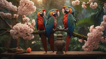 Three colorful parrots perched on a branch surrounded by cherry blossoms in a lush forest. photo