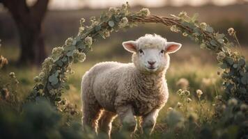 A sheep stands in a field framed by a floral arch, capturing a serene pastoral moment. photo