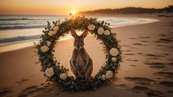 A kangaroo sits in a floral wreath on a beach at sunset, creating a serene atmosphere. photo