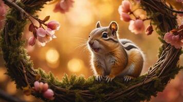 A chipmunk sits in a floral wreath, surrounded by soft golden light and cherry blossoms. photo