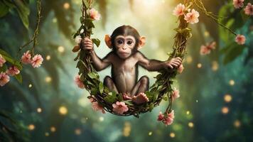 A playful monkey sits on a floral swing in a vibrant, enchanting forest setting. photo