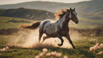 A horse gallops through a vibrant field, creating a cloud of dust in a picturesque landscape. photo