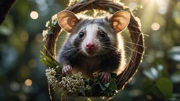 A close-up of a possum in a natural setting, surrounded by greenery and soft light. photo