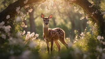 A serene fawn stands amidst blooming flowers, illuminated by soft sunlight in a tranquil setting. photo