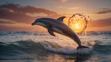 A dolphin leaps through waves at sunset, creating a vibrant and serene ocean scene. photo