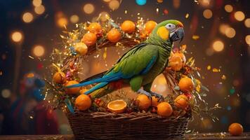 A vibrant parrot perched on a decorative basket filled with oranges, set against a festive backdrop. photo