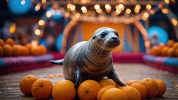 A seal balancing on oranges in a circus-like setting with festive lights. photo