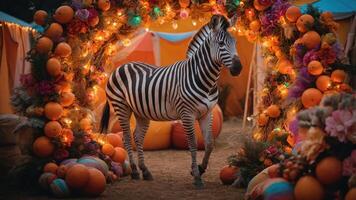 A zebra stands amidst colorful decorations and lights in a festive setting. photo