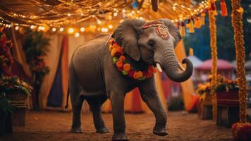 An adorned elephant walking under decorative lights at a festive event. photo