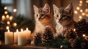 Two kittens surrounded by pinecones and candles in a cozy, festive setting. photo