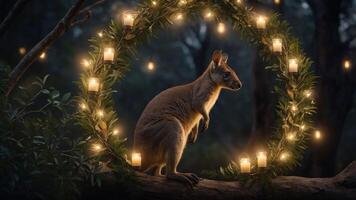A kangaroo stands within a glowing wreath of lights in a serene forest setting. photo