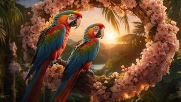 Two colorful parrots perched on a floral branch at sunset, surrounded by lush greenery. photo