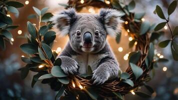 A koala nestled in a wreath decorated with leaves and lights, creating a cozy atmosphere. photo