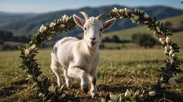 A playful goat stands in a floral wreath against a scenic landscape backdrop. photo