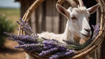 A goat framed by a wreath of lavender in a rustic setting. photo