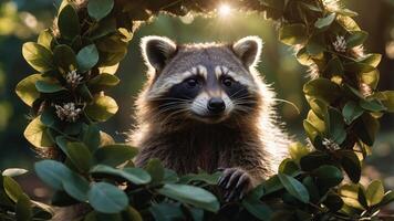 A raccoon peeks through a circular wreath of leaves, illuminated by soft sunlight. photo