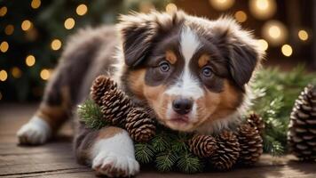 A cute puppy resting on pine branches with pinecones, set against a festive background. photo