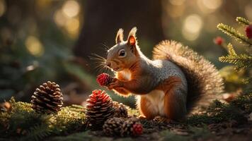 A squirrel holds a pine cone amidst pine cones and greenery in a sunlit forest setting. photo