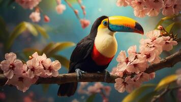 A colorful toucan perched on a cherry blossom branch in a vibrant, serene setting. photo
