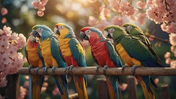 A vibrant display of colorful parrots perched on a branch amidst blooming flowers. photo