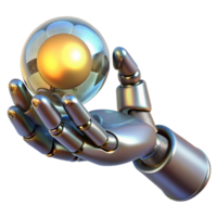 radiant playful mid-century Metallic robot hand holding a glowing orb NO BACKGROUND with Transparent Background. flawless png