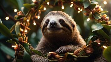 A cheerful sloth surrounded by a wreath of leaves and lights, evoking a festive mood. photo