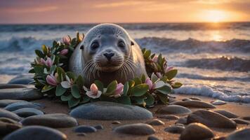 A seal adorned with flowers rests on a beach at sunset, surrounded by pebbles and waves. photo