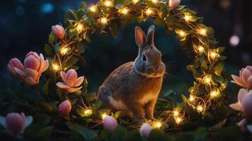 A serene scene featuring a rabbit surrounded by flowers and fairy lights at dusk. photo