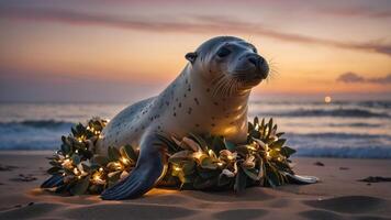 A seal adorned with lights and greenery on a beach at sunset. photo