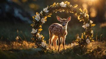 A fawn stands gracefully in a floral wreath during a golden hour. photo