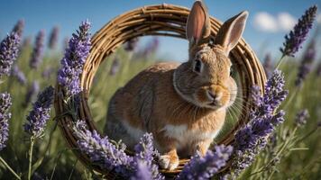 A rabbit sits in a lavender field, framed by a circular vine wreath. photo
