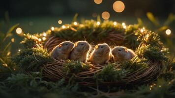 A cozy nest with four small animals surrounded by greenery and soft lights. photo