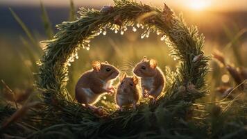Three adorable mice gathered in a natural wreath at sunset, creating a whimsical scene. photo