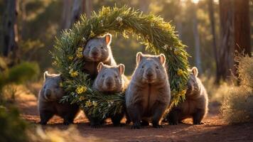 A group of wombats posing with a floral wreath in a natural setting during golden hour. photo