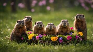 A group of six adorable groundhogs surrounded by flowers in a grassy setting. photo