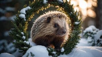 A hedgehog surrounded by a festive wreath in a snowy forest setting. photo