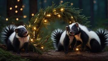 Two skunks pose beside a festive wreath adorned with lights in a forest setting. photo