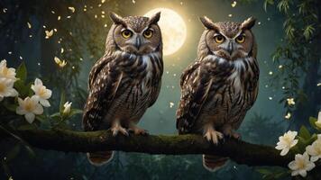 Two owls perched on a branch under a full moon, surrounded by flowers and a mystical atmosphere. photo